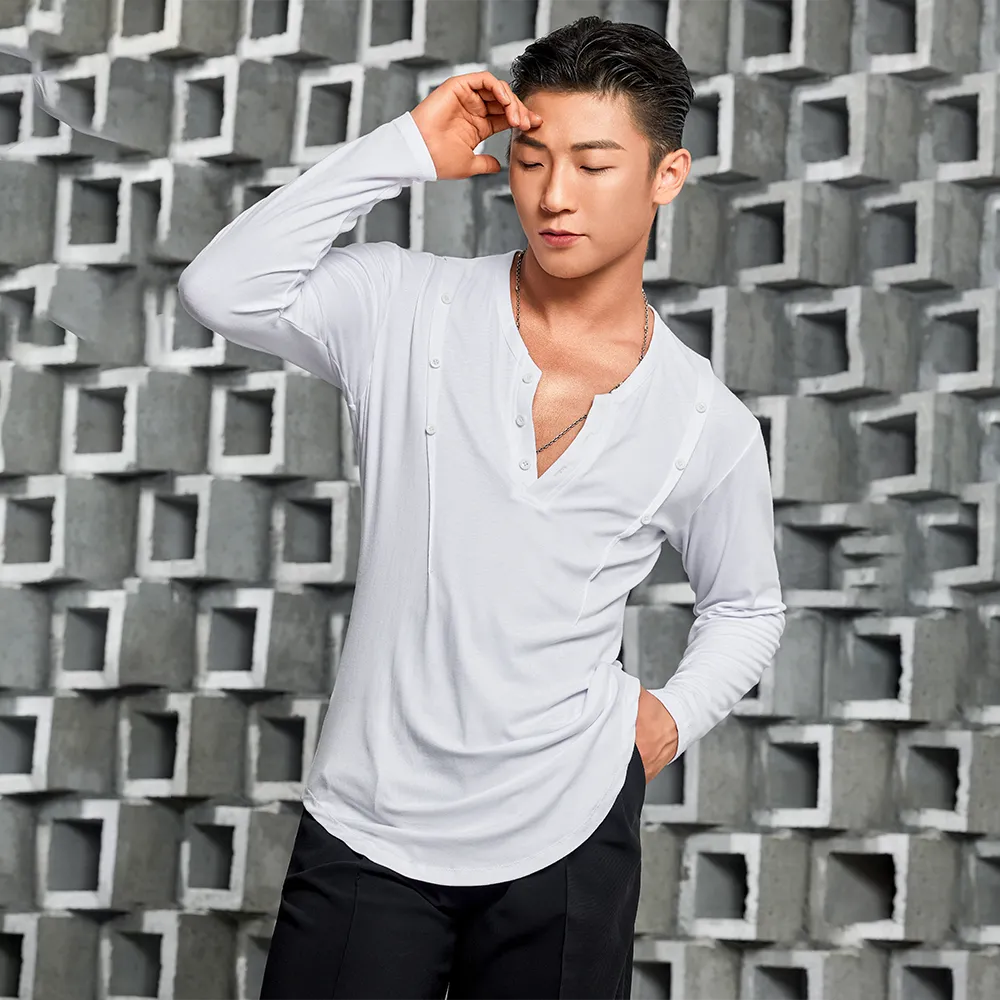 NY682 Men’s Button‑Detail Long‑Sleeve Latin Dance Top